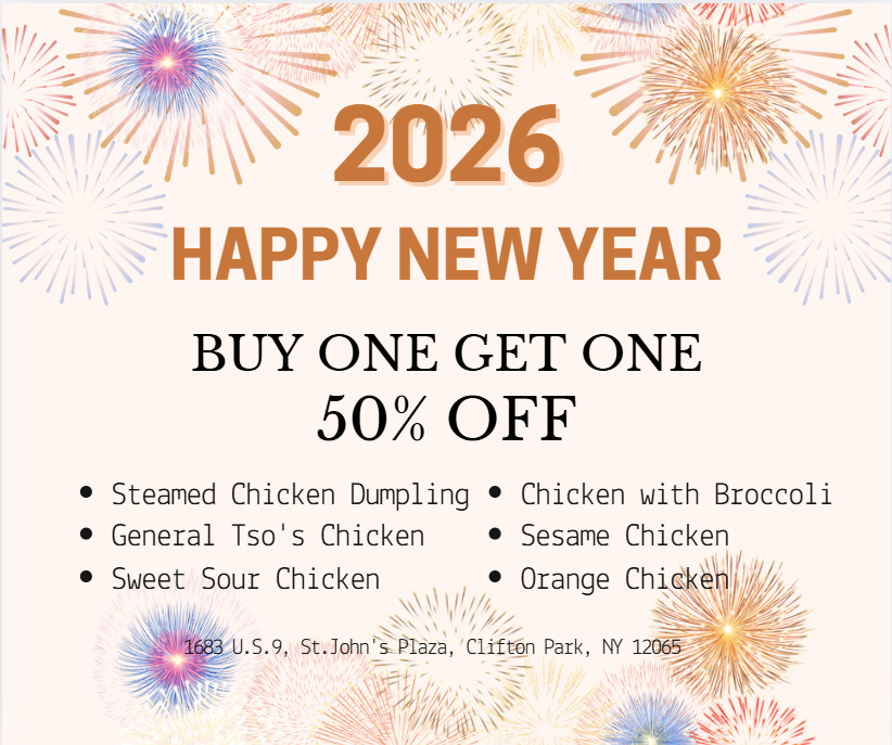 Chinese restaurant 2026 New Year promotion: Buy One Get One 50% Off menu items.