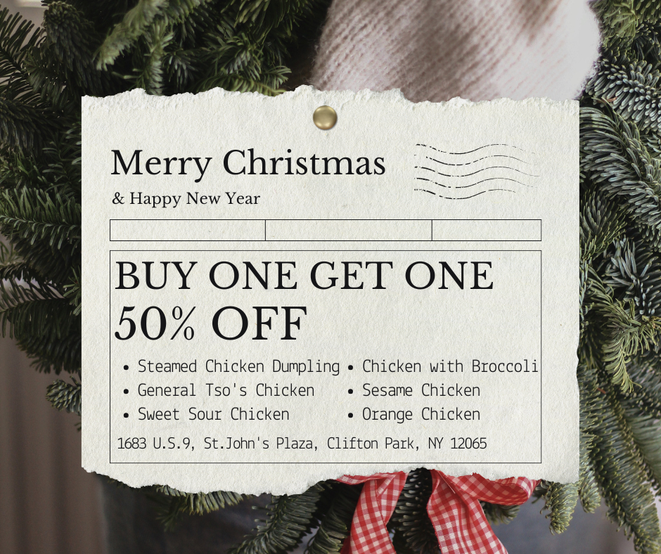 Christmas food deals: buy one get one 50% off. Dishes include dumplings, broccoli chicken, orange chicken.